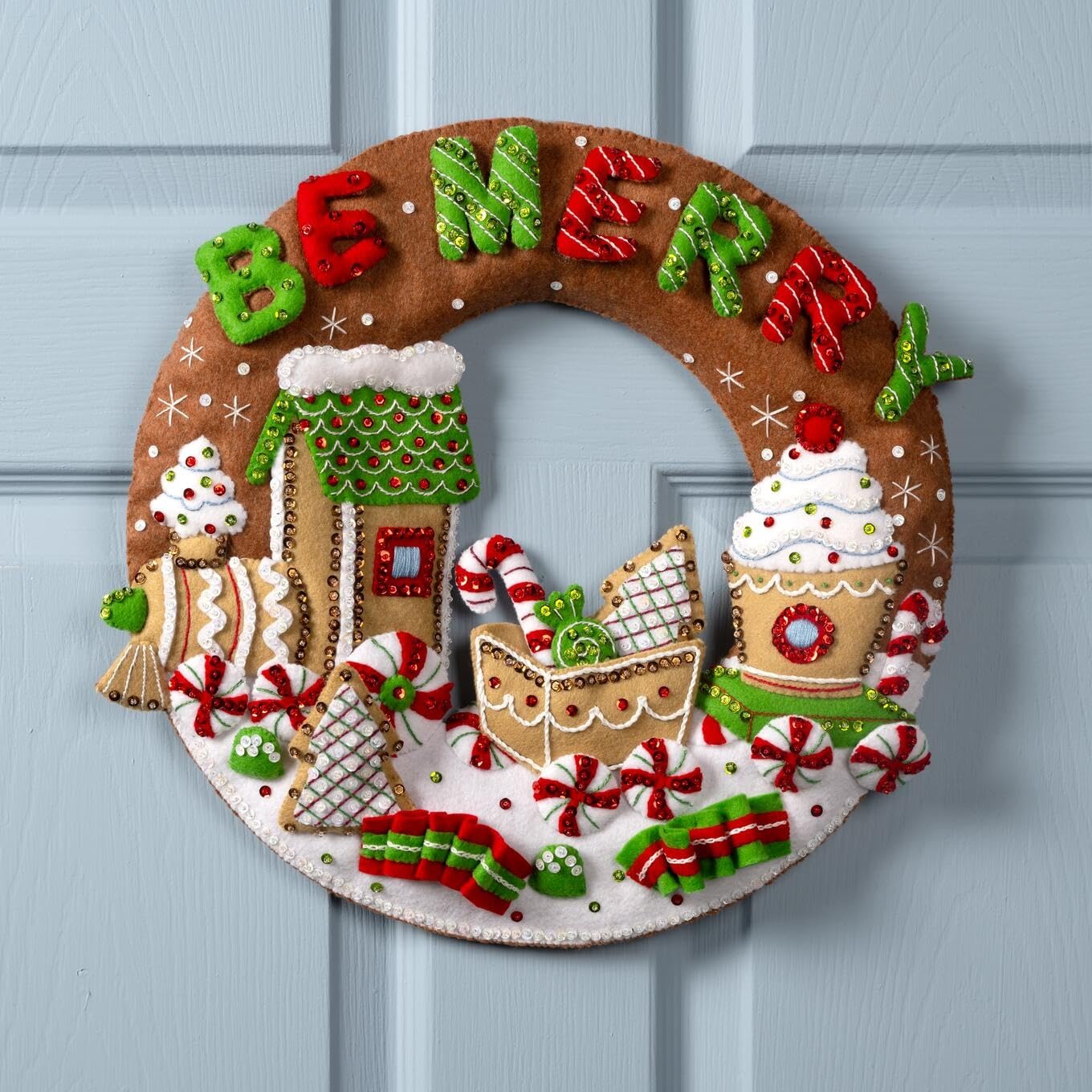 Bucilla Felt Applique Wreath Making Kit, Gingerbread Express, Perfect for DIY Arts and Crafts, 89677E