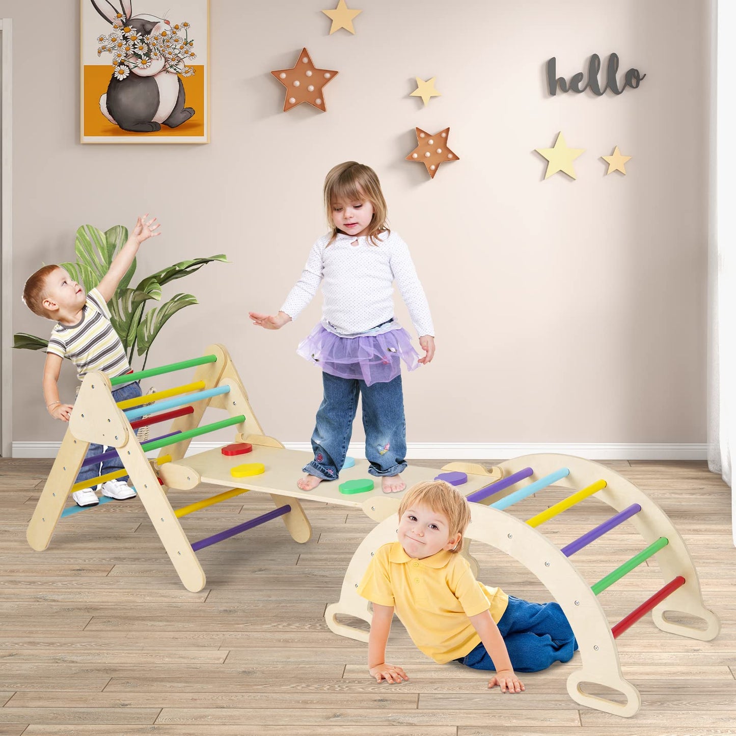 Olakids Pikler Triangle Set 7 in 1 Climbing Toys for Toddlers 1-3 Inside Foldable Wood Montessori Jungle Gym with Ramp Ladder Arch Slide Baby Climber Indoor Playground