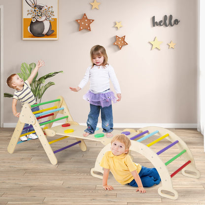 Olakids Pikler Triangle Set 7 in 1 Climbing Toys for Toddlers 1-3 Inside Foldable Wood Montessori Jungle Gym with Ramp Ladder Arch Slide Baby Climber Indoor Playground