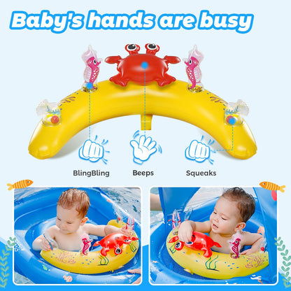 LAYCOL Baby Pool Float with Canopy UPF50+, 120°Adjustable Sun Protection and Anti-Tip Safety Seat, Inflatable Toddler Floaties Infant Pool Float with Animal Pool Toys, Baby Beach Essentials for 6-36M