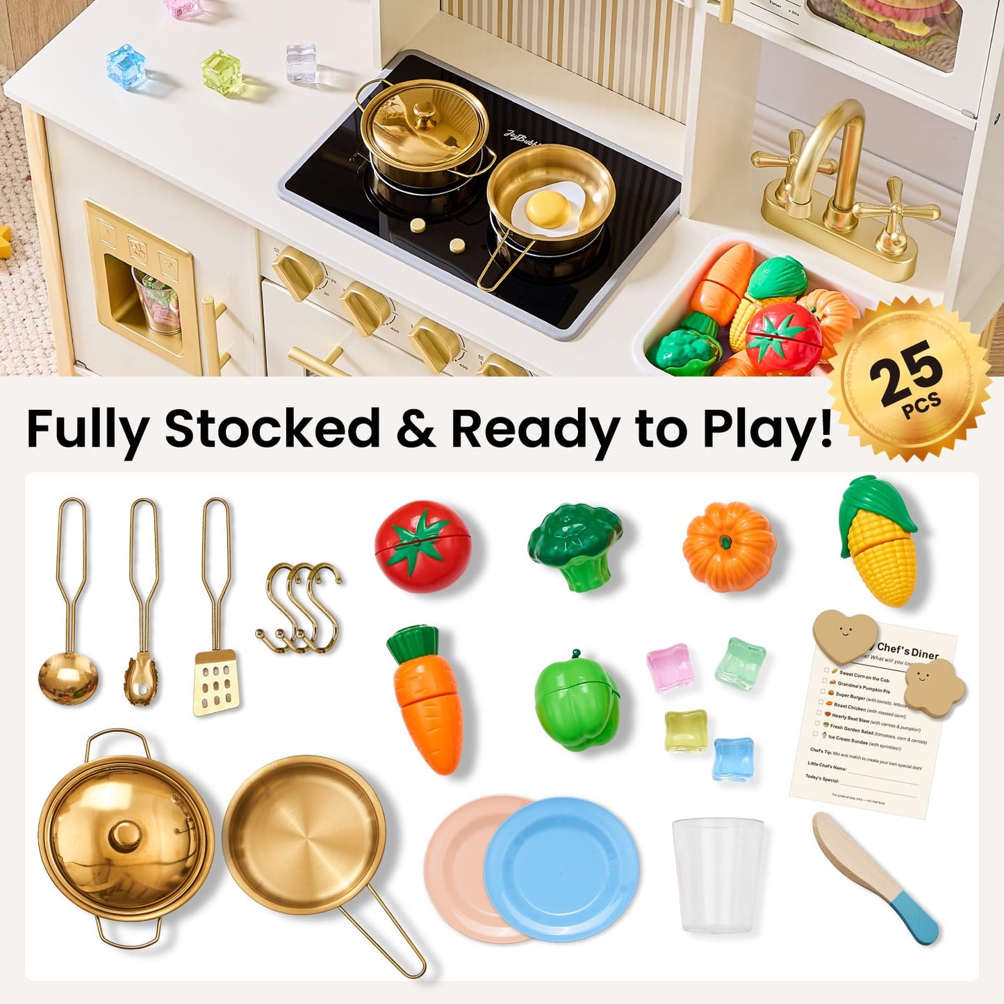 JoyBubbla Wooden Play Kitchen for Toddlers, Modern Kids Kitchen Playset with Realistic Lights & Sounds, Toy Kitchen Set with 25 Pcs Accessories, Pretend Play for Girls & Boys Ages 3+, Cream White
