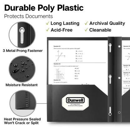 Dunwell Plastic Folders with 3 Prongs, (12 Pack, Black), 2-Pocket Folders with Fasteners, Durable Acid-Free Poly for Long Term Use, Includes Labels