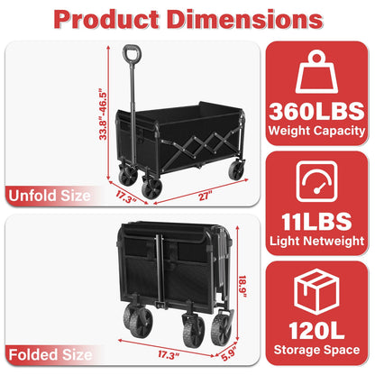 Collapsible Folding Utility Wagon Cart with Wheels, 360 Lbs Heavy Duty Outdoor Foldable Wagon with Adjustable Handle, 2 Drink Holders, Portable Wagon for Groceries, Garden, Beach, Camping, Shopping
