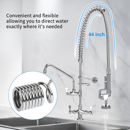 Spray Valve with 44inch Flexible Hose & Pre Rinse Spring Replacement Kit for Commercial Kitchen Sink Faucet 1.42GPM High-Pressure Restaurant Dish Sprayer Stainless Steel Hose & Overhead Spring (Grey)