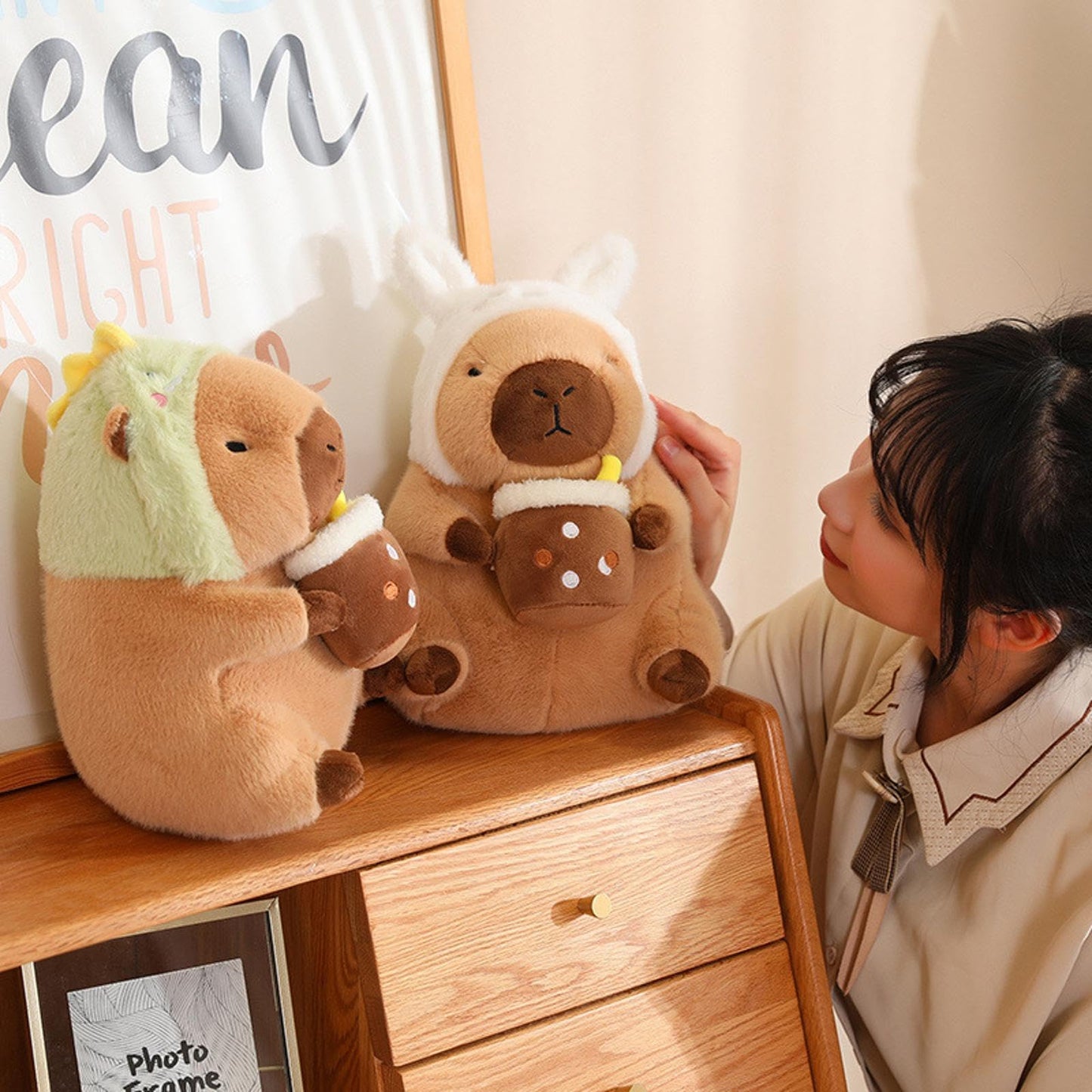 Karoeiwa Dinosaur Capybara Plush Drinking Milk Tea 11 inch Cute Dino Capibara Stuffed Animal Ultra Soft Plushies Toys Kawaii Gifts for Kids Brown