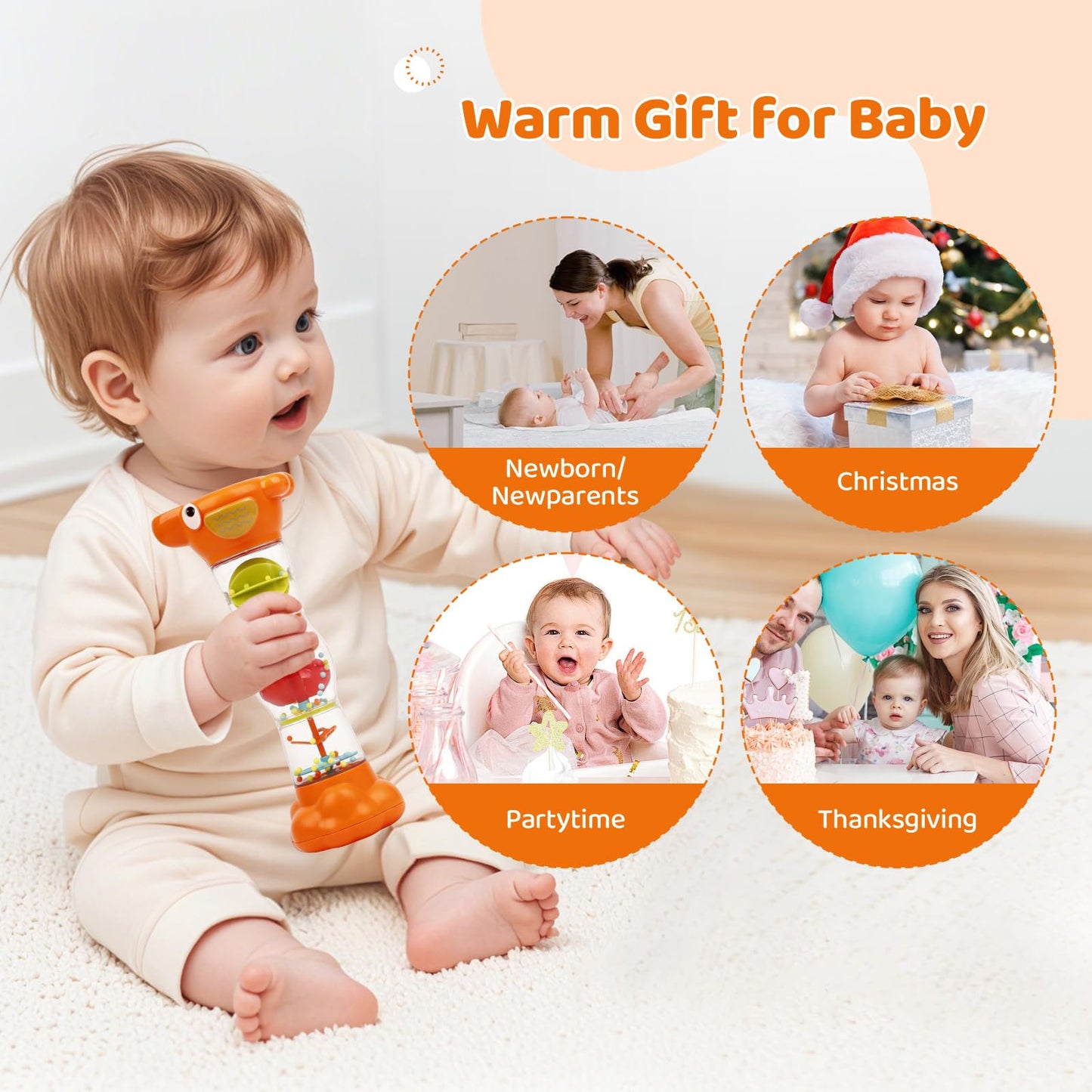 Montessori Baby Toys for 6-12 Months 1 Year Old,Rain Stick Baby Rattle Shaker Infant Sound Toy 9.8” Rainmaker Musical Sensory Tummy Time Toys for 6 7 8 9 10 Months Newborn Toddlers Gifts-Orange
