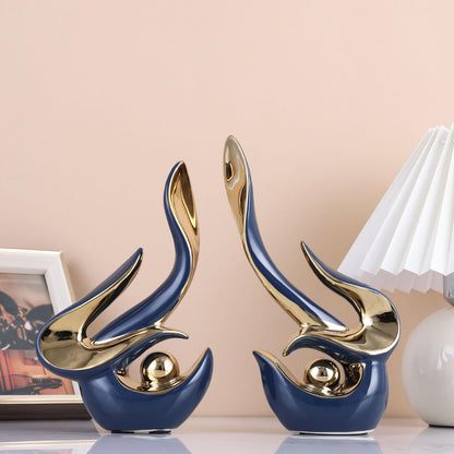 XMGZQ Mid Century Modern Abstract Art Home Decor Accent,Porcelain Statues for Living Room Coffee Table Centerpieces for Dining Room,Ceramic Sculptures and Gold Knick Knacks for TV Stand Decor (Blue)