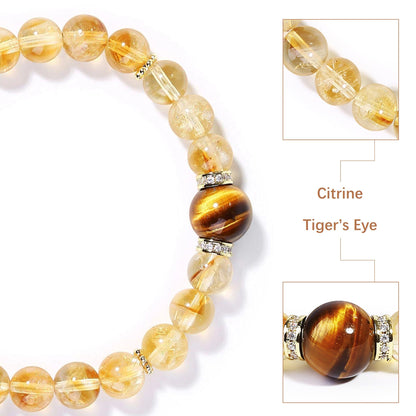 Magiriam Citrine Crystal & Tiger’s Eye Stretch Bracelet with Zircon Inlay | 17CM Comfortable Elastic Fit | Healing Gemstone Bracelet Single Circle-Gift for Women Lady and Friends