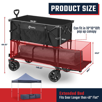 Sekey 500LBS Heavy Duty Double Decker Wagon with Extender, 400L Large Capacity Collapsible Garden Cart Fits 10x10 Canopy, All-Terrain Big Wheels with Brakes, Foldable Utility Wagon for Sports, Camping