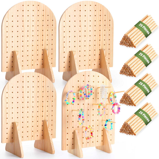 Colingmill 4 Sets Keychain Display Stand Wooden Pegboard Display Stand with 25 Pcs Dowel Rods Oval Bracelet Organizer Holder for Jewelry, Craft Shows, Necklace, Selling, 15.75" x 11.81" (Wood)