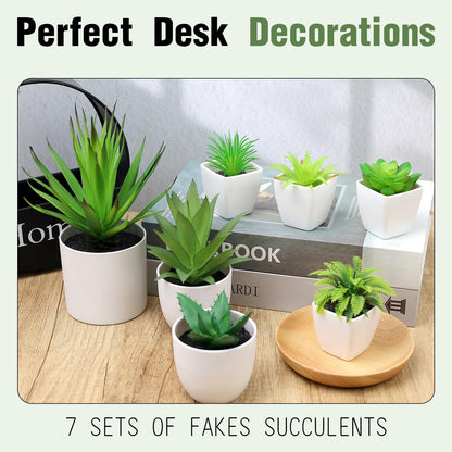 Quancru 7 Pack Small Fake Plants Artificial Succulent Plants in White Pots Artificial Greenery for Room Home Bathroom Bedroom Office Modern Decor