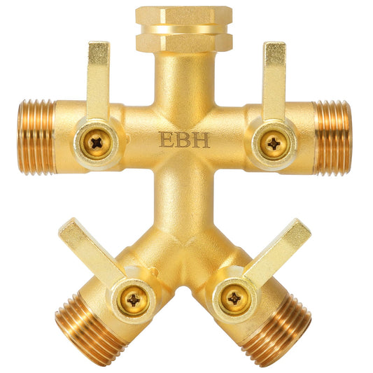 EBH Brass Garden Hose Splitter Full Flow, Outdoor Faucet Heavy Duty Hose Splitter 4 Way High Flow, 3/4-Inch Multi-Angle Spout with 4 Individual On/Off Valve and Extended Handle