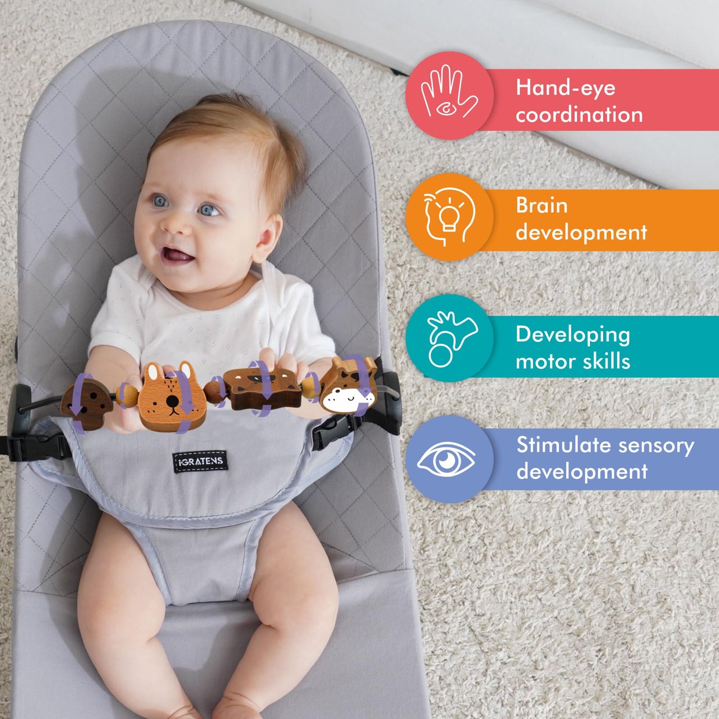 iGRATENS Baby Bjorn Bouncer Toy Bar - Toy Bar for Baby Bouncer Soft & Bliss, Easy to Attach and Remove, 360°Rotating Natural Wooden Toys, Exciting Design for Curious Babies, Farm Animals
