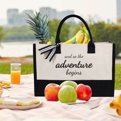 TOPDesign Canvas Tote Bride Bag, Inspirational Bridal Shower, Bachelorette Party, Engagement Wedding Gifts, Congratulation Present for New Chapter, And So the Adventure Begins