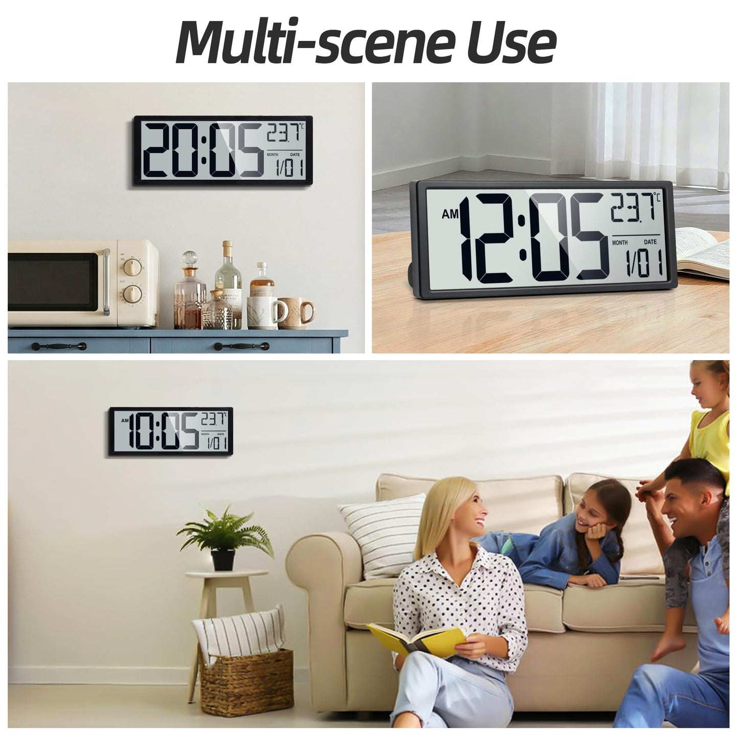 Henescribe 16" Large Digital Wall Clock Battery Operated with Big Display Numbers, Temperature and Date, Auto DST and Alarm, for Office, Classroom, Gym, Bedroom, Living Room
