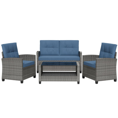 Shintenchi 4 Piece Patio Furniture Set, Outdoor Rattan Conversation Set with Coffee Table, Outside Wicker Sectional Sofa Couch with Cushion, Gray and Blue