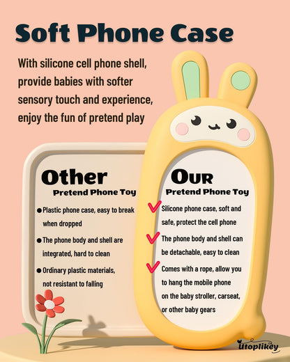 UTOPLIKEY Baby Cell Phone Toy with Teething Silicon Mobile Phone Shell, Sensory Comfort Toys with 12 Learning Modes & Soothing Lullabies, Gift for Toddler Infants Baby Shower Birthday (Yellow Bunny)