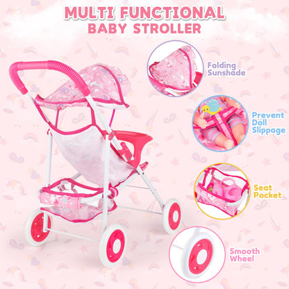 deAO Baby Doll Stroller 12" Baby Doll Set with Foldable Stroller 15 PCS Accessories for Toddlers 3-5 Christmas Birthday Gifts