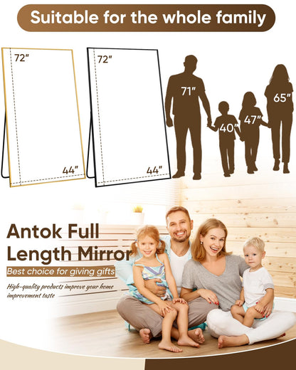 Antok Full Length Mirror, 72"x44" Floor Mirror, Floor Standing Freestanding Full Body Mirror with Stand for Bedroom, Hanging Mounted for Living Room Cloakroom, Black