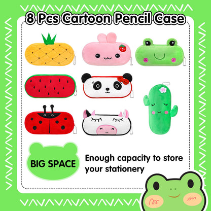 JOUTYFOR 8 Pcs Cartoon Pencil Pouch Bulk Cute Zipper Pencil Cases Animal and Fruit Pencil Boxes Plush Pencil Bag Japanses Kawaii Stationery Bag for Kids Boys Girls Students Classroom