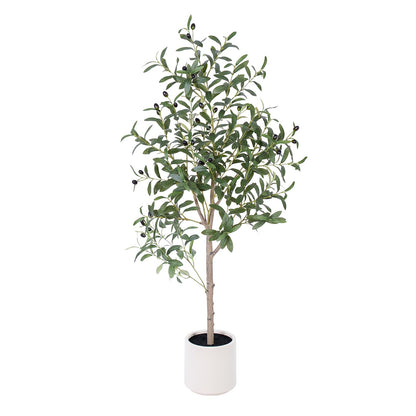 AQUGQ Olive Tree Artificial Indoor, 4ft Tall Silk Faux Olive Tree with White Planter, Artificial Plants with Natural Wood Trunk and Lifelike Fruits for Home Office Decor