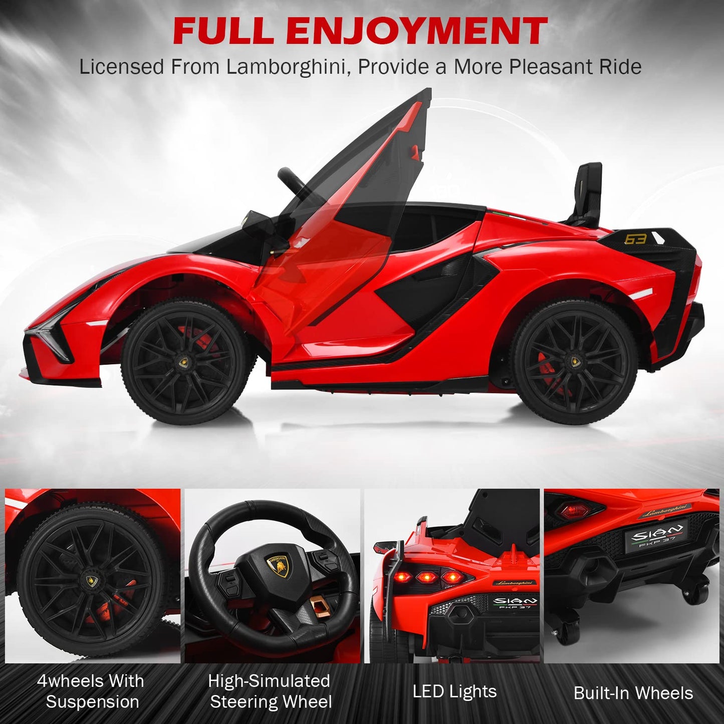 INFANS 12V Licensed Lamborghini Sian Kids Ride On Car with Parent Remote Control, Spring Suspension, MP3 Player, Electric Toy Roadster Carbon Fiber Textured for Toddler (Red)