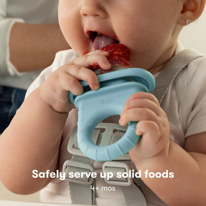 Frida Baby Push Pop Feeder, Baby Fruit Feeder + Get-A-Grip Teether Teething Toy | 100% Food-Grade Silicone Food Pacifier & Teether Toy for Baby 0-6, 12, 18 Months Infant, (Blue)