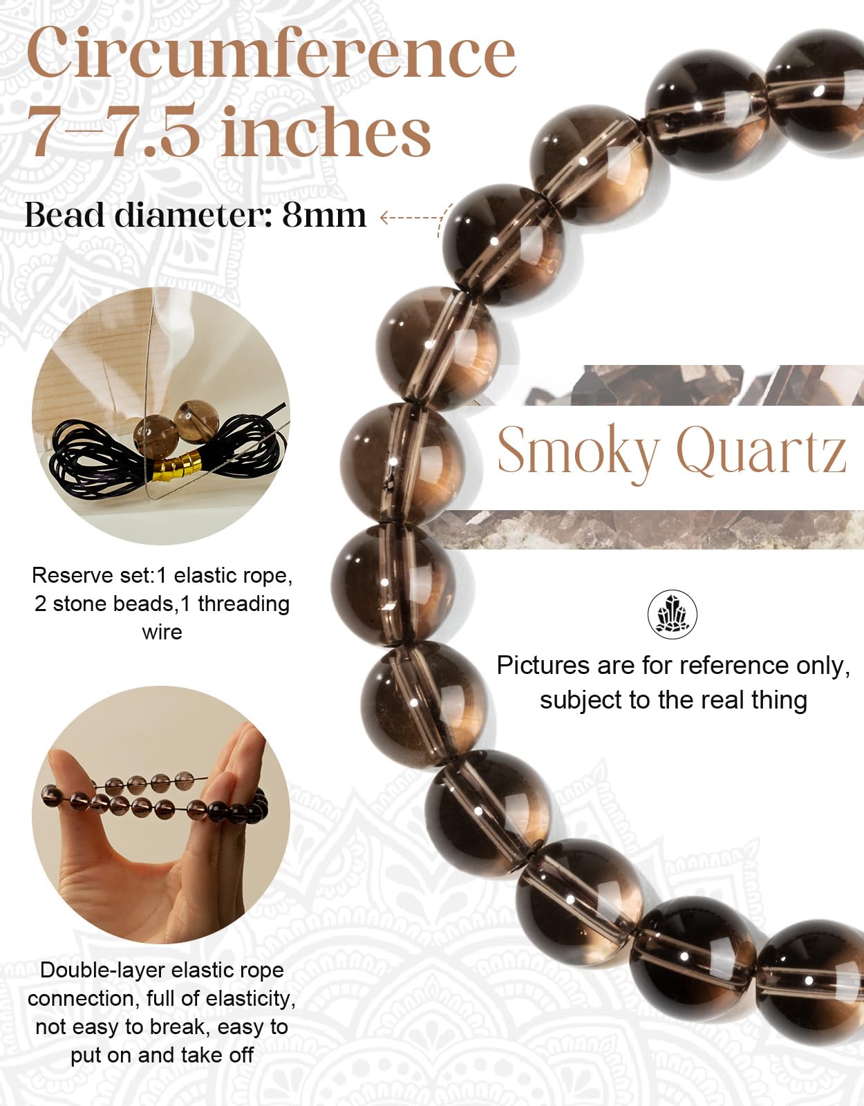 Landorilo Beaded Bracelet for Men Women, 8mm Natural Stone Smoky Quartz Healing Crystal Stretch Bracelets, Ideal Christmas Birthday Jewelry Gifts with Energy Card，Replacement Beads Included