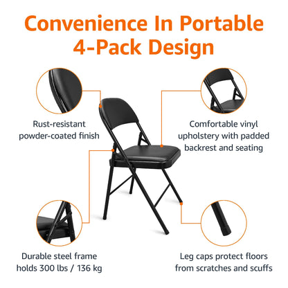 Amazon Basics Comfortable Vinyl-Padded Metal Steel Folding Chairs for Events, Easy to Fold and Store, Black, 4-Pack
