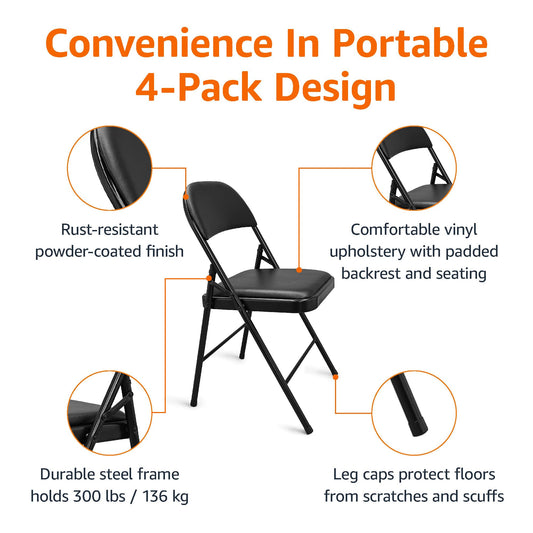 Amazon Basics Comfortable Vinyl-Padded Metal Steel Folding Chairs for Events, Easy to Fold and Store, Black, 4-Pack