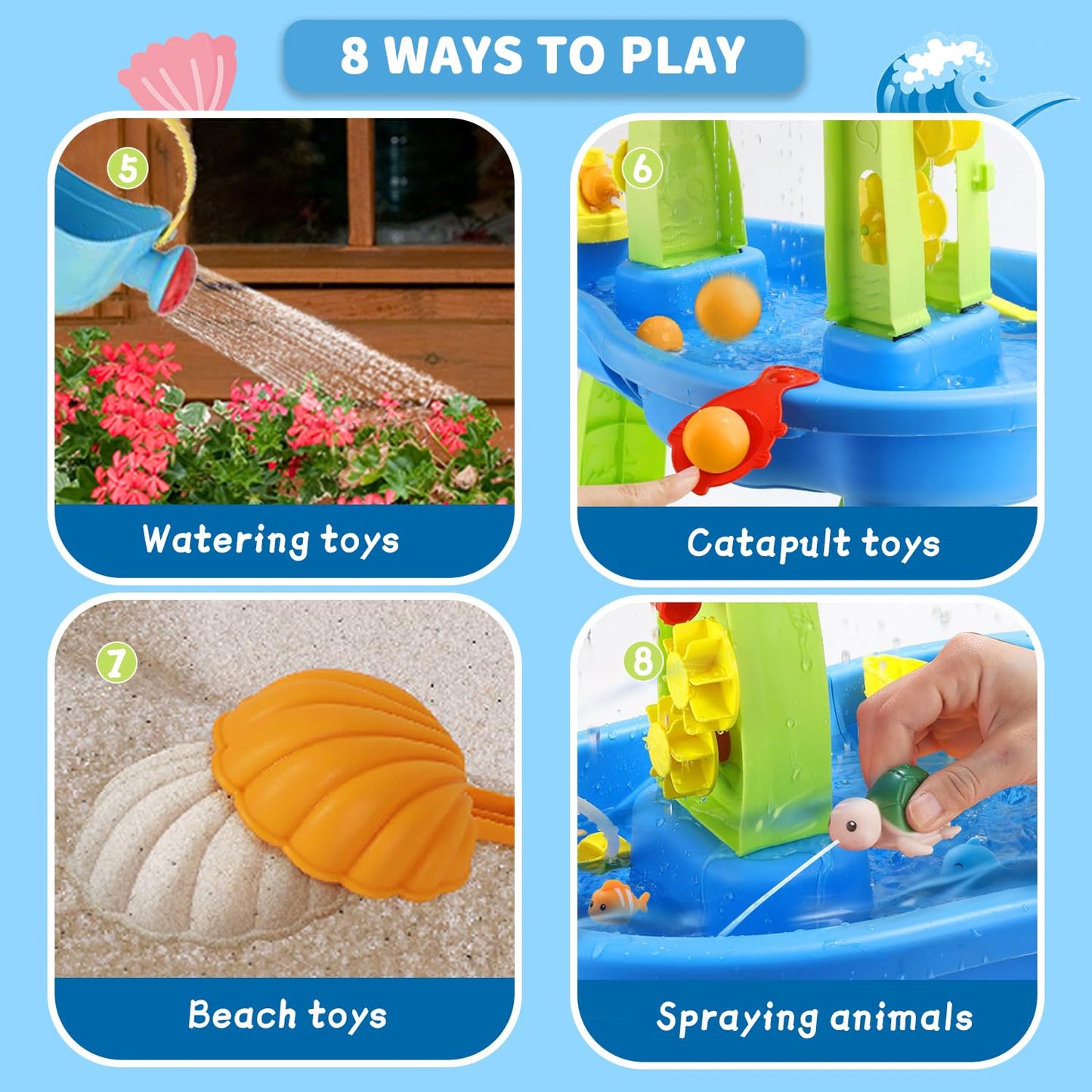 YAZ&OUZ Water Table for Toddlers 1-3, 3-Tier Kids Water Table, Water Tables for Toddlers 3-5 Features Swimming Dolphins & Crabs, Rain Showers Splash Pond, Activity Sensory Play Table for Girls Boys
