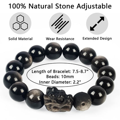 Natural Obsidian Bracelet For Men 10MM | Adjustable Stone Beaded Bracelet | Handmade Obsidian Stretch Elastic Bracelet for Men Women Gifts | with Dragon-Head Sculpture | Black and Silver 7.5"