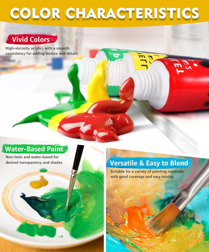 Colorful Acrylic Painting Kit - Paint Supplies Set with 24 Colors, 30 Brushes, 5 Canvases, 1 Pad, 2 Palette, 2 Sponge & 1 Wood Easel - Art Acrylic Paint Set for Beginners, Kids, Adults