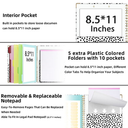 Ospelelf Clipboard with Storage 8.5 X 11，Padfolio Organizer, Spiral Portfolio Letter Size with Notepad, Pen Holder, 5 Extra Folder Divider Pages, Elastic Closure Nurse Office Essentials (Polka Dots)