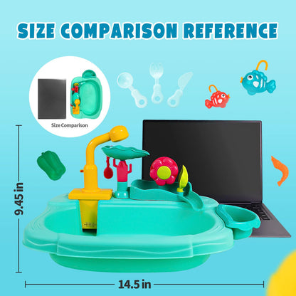 Mini Water Table for Toddler 1-3, Kids Play Sink with Running Water, Outdoor Toys for Kids Ages 4-8 with 360° Electric Faucet, Floating Fishing Game, Sensory Activity Kitchen Toy for Boys Girls