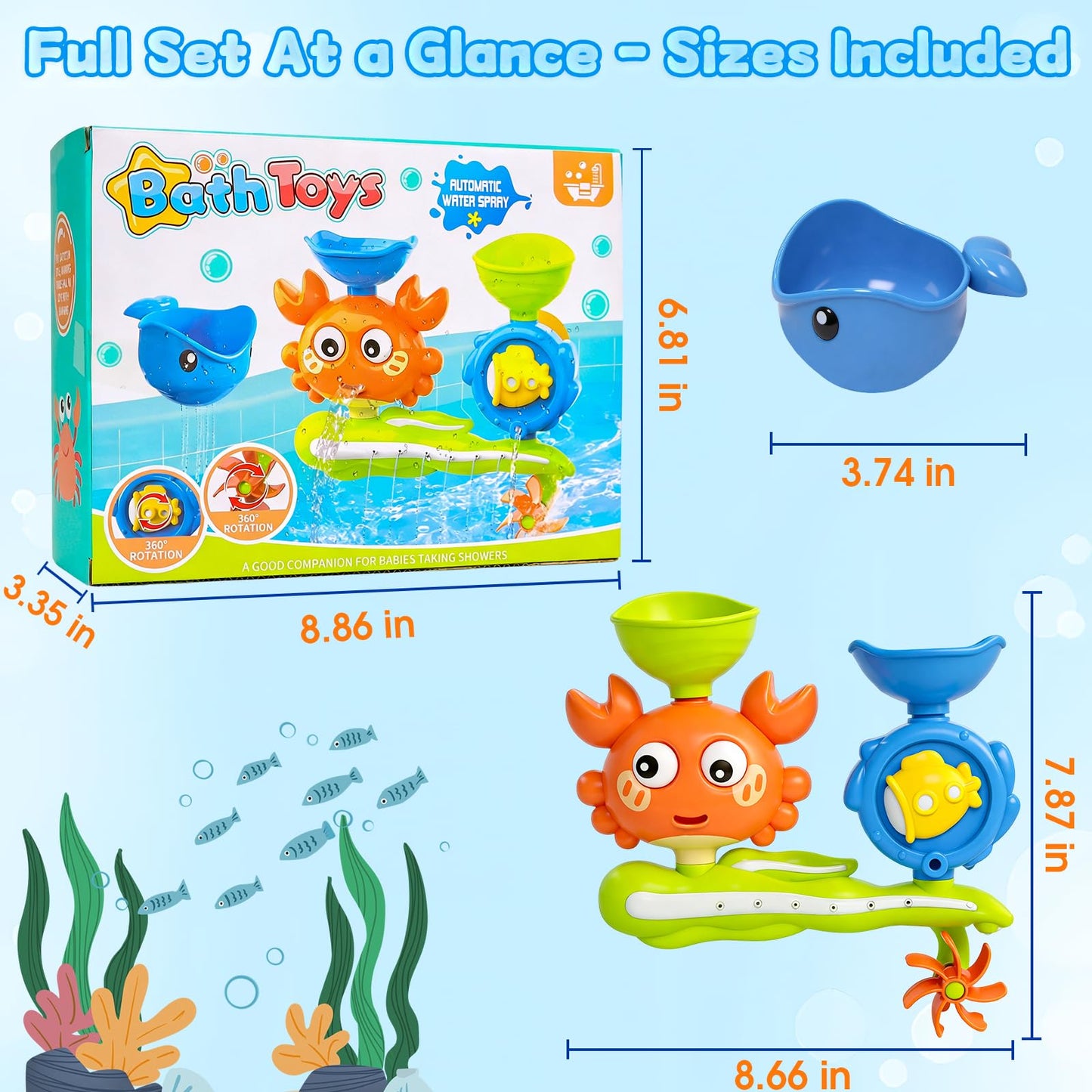 Bath Toys for Toddlers 1-3, Crab Water Wheel Bathtub Toys with 2 Suction Cups, Baby Shower Toys with Spinning Waterfall & Water Scoop, Bathroom Pool Toys for Kids Ages 1+ Year Old Boys Girls Gifts