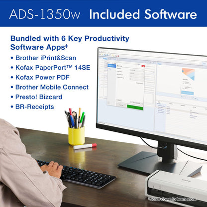 Brother ADS-1350W Wireless Compact Desktop Scanner | Scan Speeds of Up to 30ppm | Single Pass Double-Sided Scanning