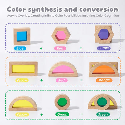 WOODENFUN Wood Building Blocks Set for Kids,Rainbow Stacker Stacking Game Construction Toys Set Preschool Colorful Learning Educational Toys, Geometry Wooden Blocks for Boys Girls