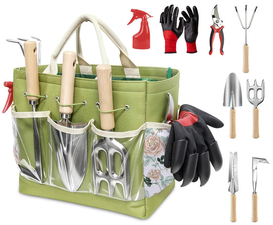 Garden Tools Set, 9-Piece Heavy Duty Gardening Tools with Clear Pocket Tote Bag, Stainless Steel Garden Hand Tools for Digging, Planting, Weeding and Pruning, Durable Gardening Kit