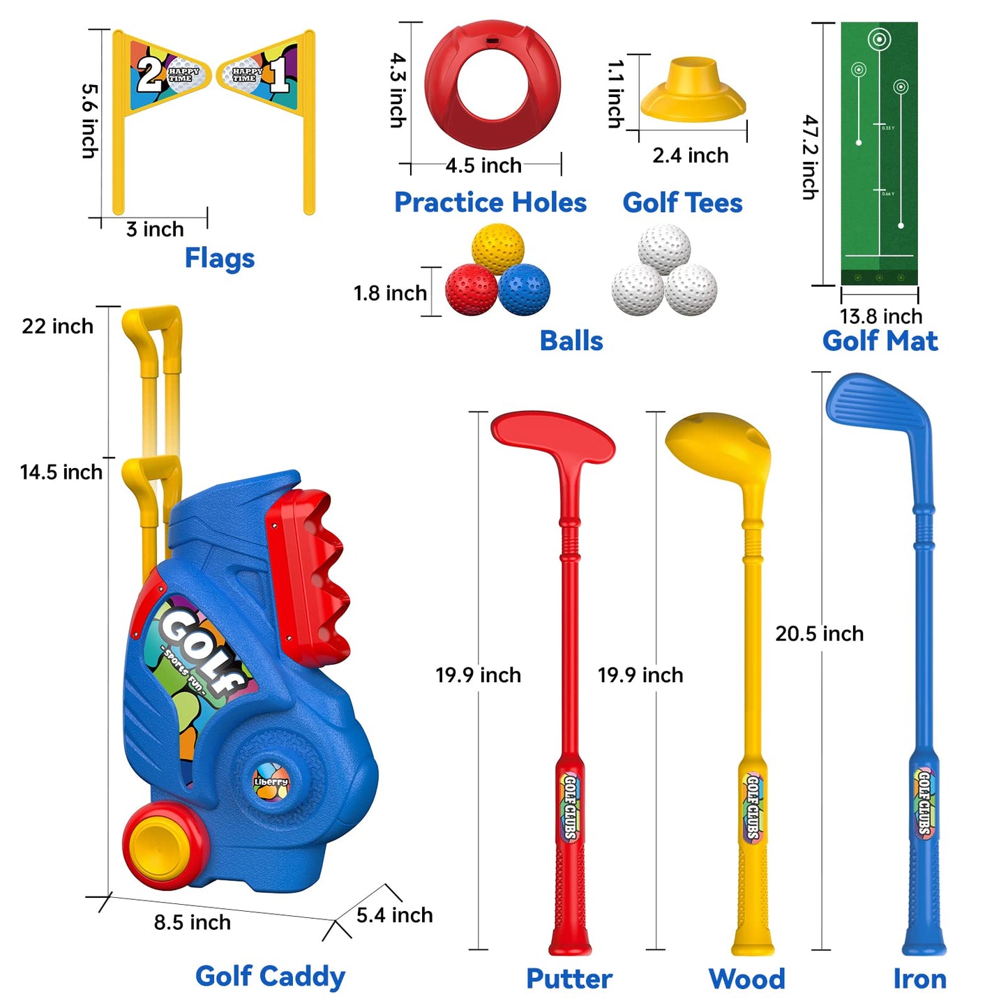 Liberry Toddler Golf Set with Putting Mat for 2 3 4 Years Old Boys Girls, Upgraded Kids Golf Cart with Unique Shoulder Strap Design, Indoor and Outdoor Golf Toys Gifts