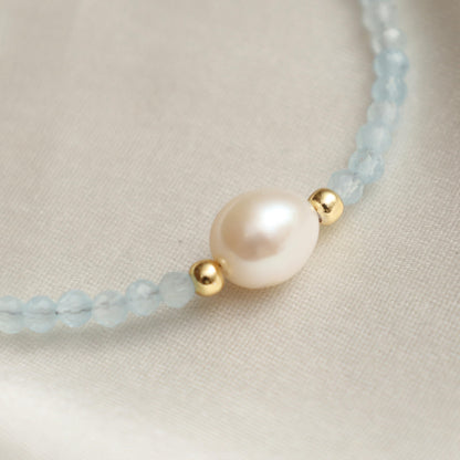 Gempires Aquamarine Gemstone Beaded Bracelet with Pearl Choker Crystal Jewelry March Birthstone Gifts Hypoallergenic Gold Plated Dainty Gifts for Women