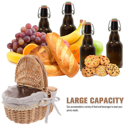 Wicker Picnic Basket with Lid and Handle: Small Hand Woven Rattan Tote Basket Food Hamper Gift for Wedding Easter Outdoor Beach Picnic Camping