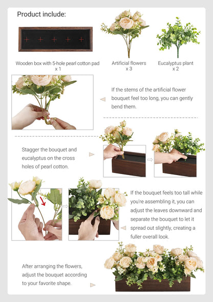 Dahey Centerpiece Table Decorations for Dining Room Farmhouse Table Centerpieces Decor Wood Tray with 3 Artificial Flowers and 2 Eucalyptus for Living Room Kitchen Table, 14.1" x 4.7" x 3.1"
