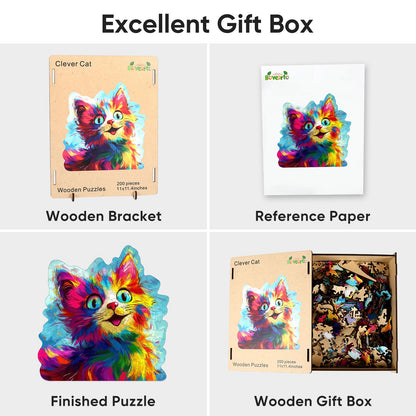 Bovearto 200 Piece Wooden Jigsaw Puzzles for Adults, Cat Puzzles with Unique Animal Shapes, Brain Teaser for Kids Ages 8+, Comes with Storage Box & Puzzle Gift Box, Bold Color Art (11" x 11.4")