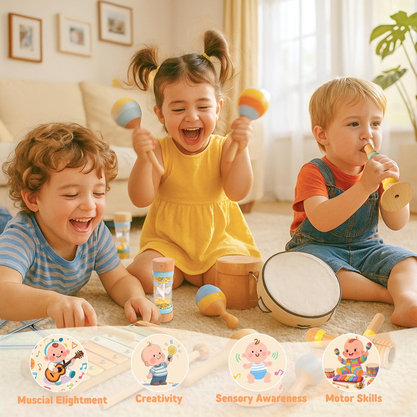 Baby Musical Instruments for Toddlers 1-3, 12PCS Montessori Musical Toy Set with Xylophone, Drum, Maracas...Perfect Toy Gift for 1-3 Year Old Boy Girl
