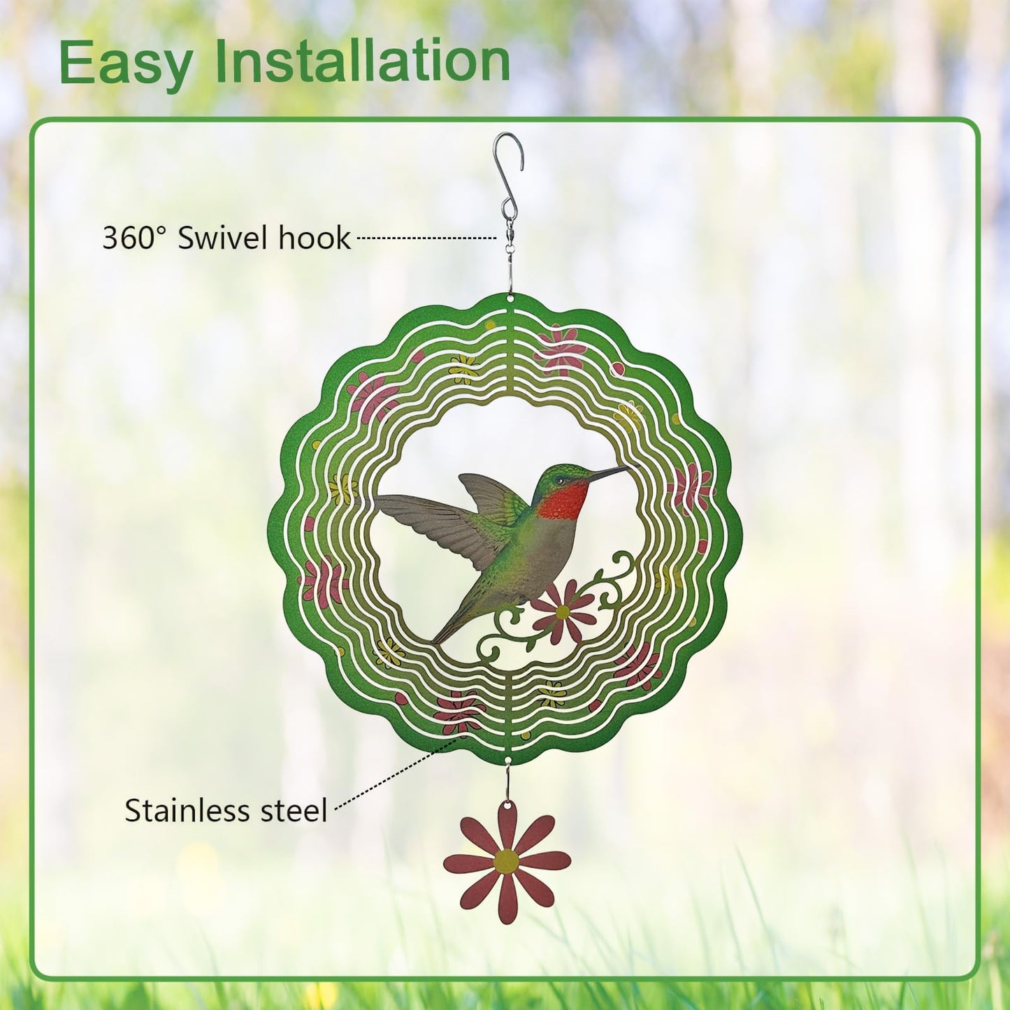 Hummingbird Wind Spinners Hummingbird Gifts for Women/Men 11.7 inch 3D Stainless Steel Hanging Wind Spinner Metal Wind Catchers Kinetic Sculpture for Indoor/Outdoor Decor, Yard Art, Garden Decorations