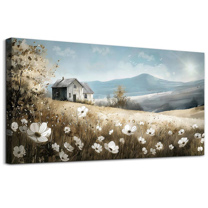 Wapluam Canvas Wall Art For Living Room Large Wall Decor For Bedroom Field Scenery Watercolour Flowers Wall Paintings Office Decorations Old House Pictures Artwork Home Decor Ready To Hang 48L x 24W