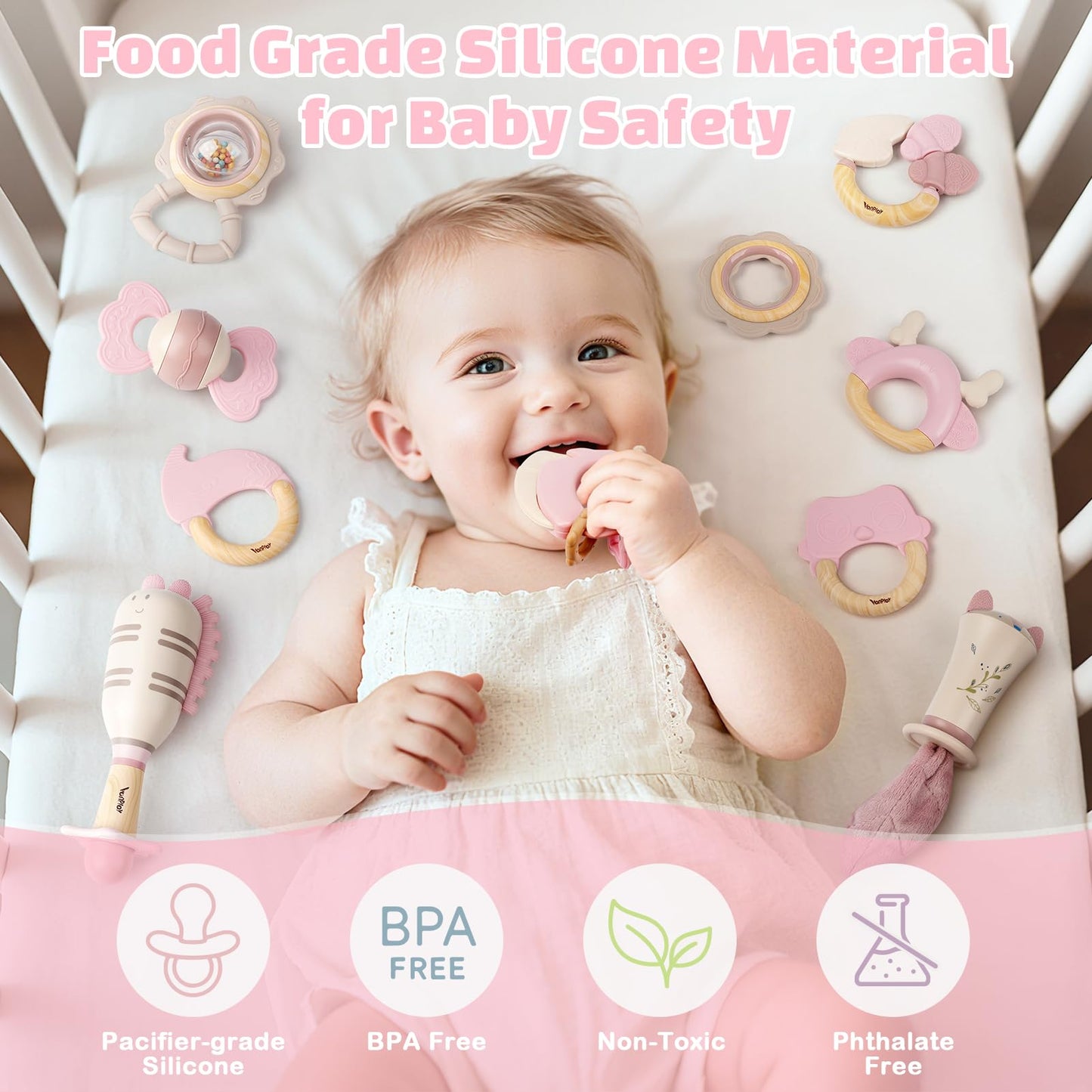 Baby Toys 0-6 Months, Baby Rattles, Teething Toys 3-6 Months, Infant Toys 6-12 Months, 10PCS Pink Sensory Rattles & Teethers with Storage Box, Newborn Shower Gift Girl