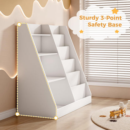 Tatub 6 Tier Kids Wooden Bookshelf and Toy Storage, Children Toy Organizer with Upgraded Book Shelves, Toddler BookRack Baby Bookcase for Nursery, Playroom and Classroom, White