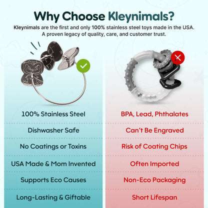 Made in USA Stainless Steel Toy Keys, Baby Rattle, Teether & Fidget Toy – Heirloom Quality, Safe, Non-Toxic, BPA-Free – Ideal for Teething, Sensory Play & Early Development - by Kleynimals
